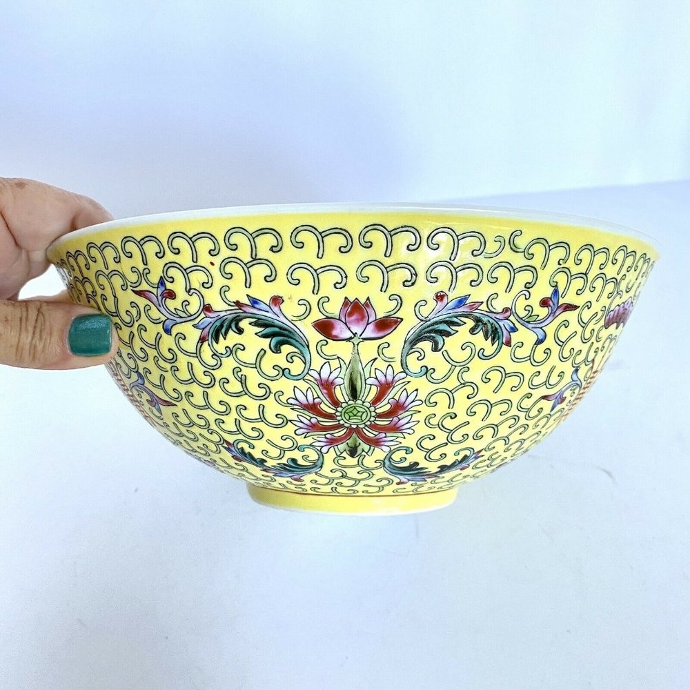 1972 Chinese Famille Juane Yellow Floral Enamel Jingdezhen Round China Bowl 8.6”